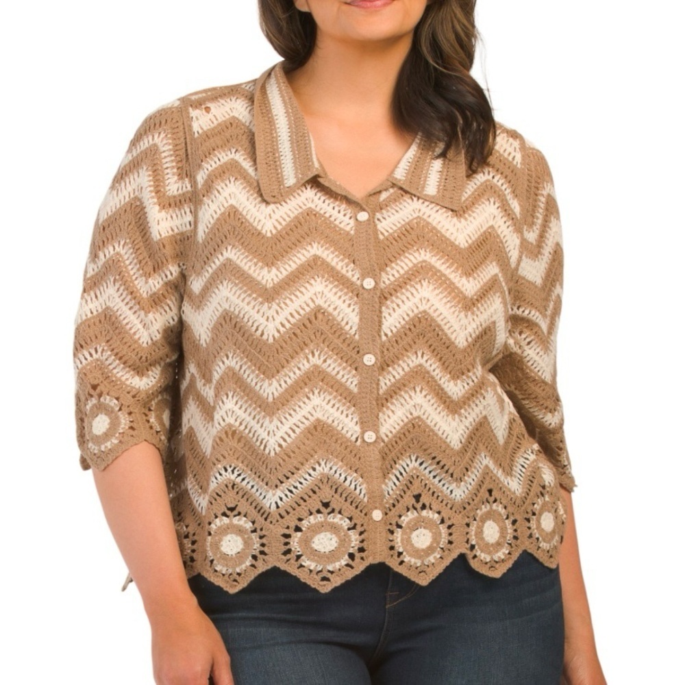 Solitaire Plus Size Button Up Chevron Crochet Top‎ Size 2X